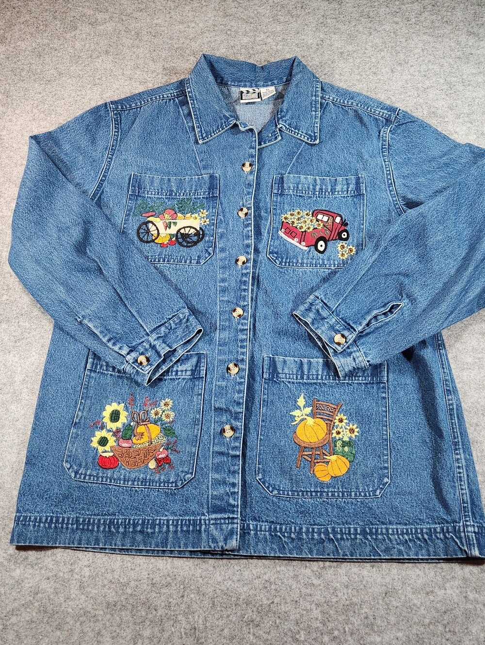 Vintage Take Two Embroidered Blue Denim Chore Jacket with Fall Patchwork  Xlarge